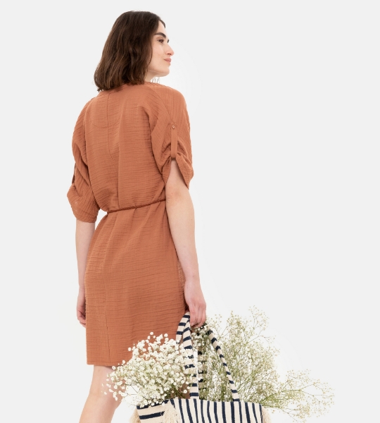 Resim Kuşak detaylı rahat kesim kısa elbise-Tdc - 261 RUSSET