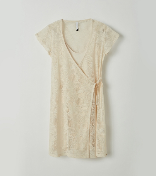 Resim Astarlı kruvaze dantel elbise-Ldı - 112-Ekru 