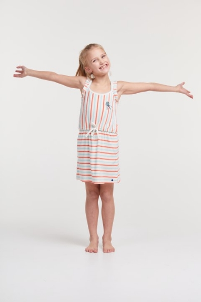 Resim 10-16 Kız Çocuk Pamuklu Havlu Elbise-Dta - 996-Deniz Kuşu Temalı Çizgili Ekru