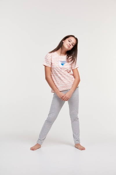 Resim 2-8 Yaş Kız Çocuk Pijama-Ypa - 913-Deniz Kuşu Temalı Çizgili Somon