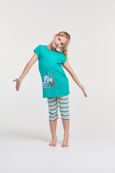Resim 2-8 Yaş Kız Çocuk Pijama-Pos - 777-Ahtapot Temalı Yeşil