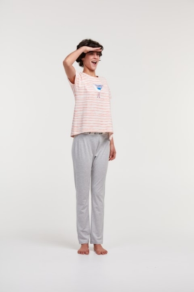 Resim Kadın Pijama-Ypa - 913-Deniz Kuşu Temalı Çizgili Somon