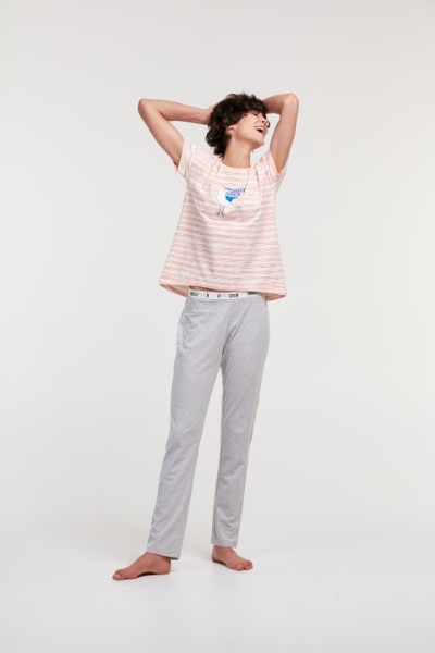 Resim Kadın Pijama-Ypa - 913-Deniz Kuşu Temalı Çizgili Somon