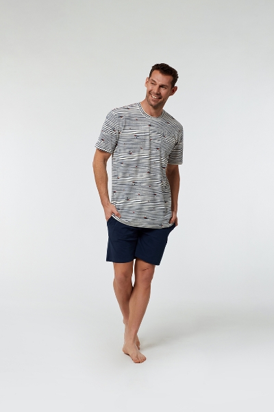 Resim Erkek Pijama-Qrs - 906-Deniz Kuşu Temalı Çizgili Ekru