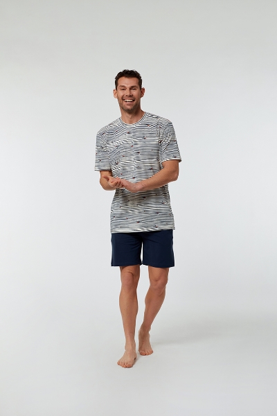 Resim Erkek Pijama-Qrs - 906-Deniz Kuşu Temalı Çizgili Ekru