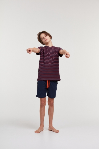 Resim 10-16 Yaş Erkek Çocuk Pijama-Qrs - 906-Deniz Kuşu Temalı Çizgili Ekru