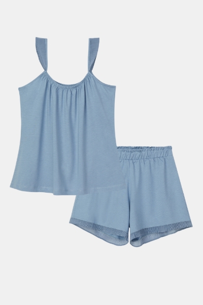 Resim Kare Yaka Şortlu Pijama Takımı-Xpb - 800-Kül Mavisi